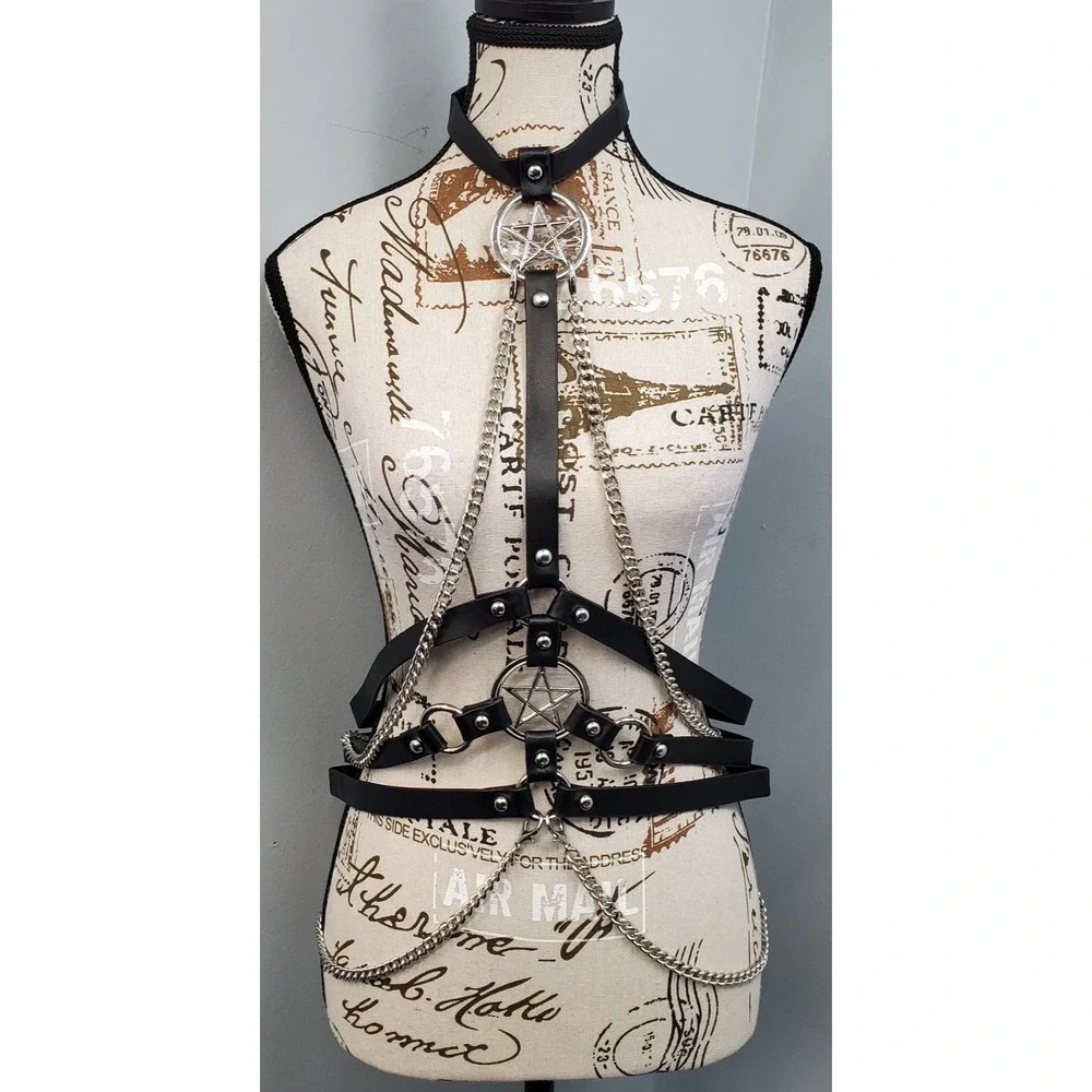 Gothic Black Faux Leather Body Harness Pentagram Chain Choker Waist Belt Womens